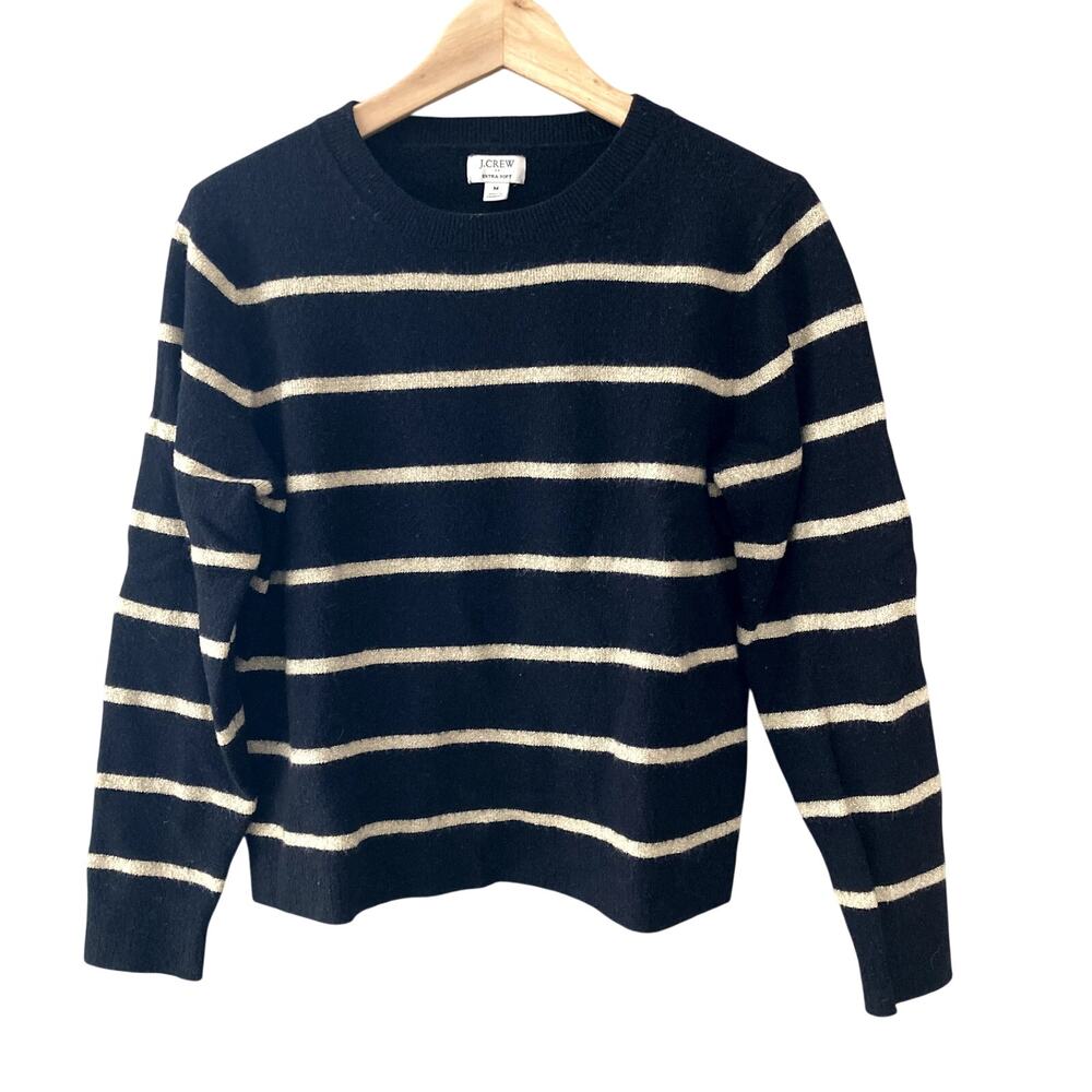 J. Crew Shimmer Striped Crewneck Sweater Extra Soft Yarn Black Gold Medium